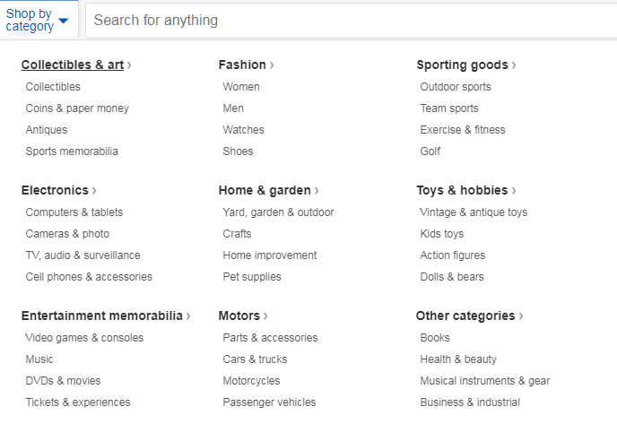 eBay search by category