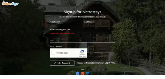 BistroStays signup flow