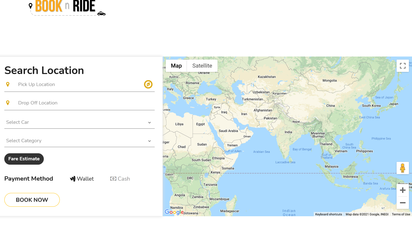 BooknRide pickup and map booking screen